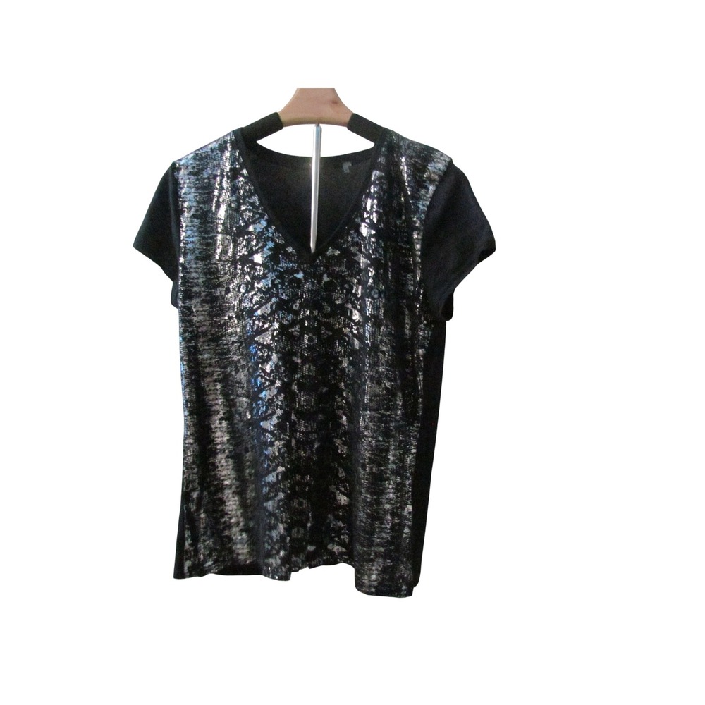 Tahari Metallic Foil V-Neck Top Large Black Silver Short Sleeve Glam Tee